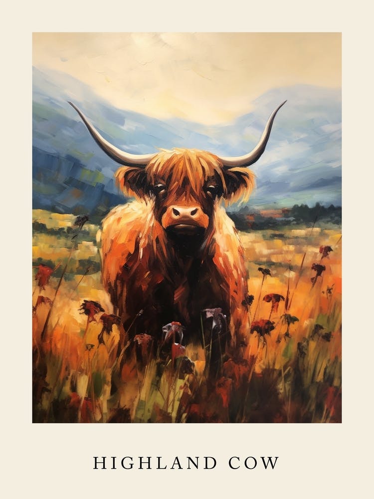 Warm Tones Impressionism Style Paintingh Of Highland Cow In The Valley 2