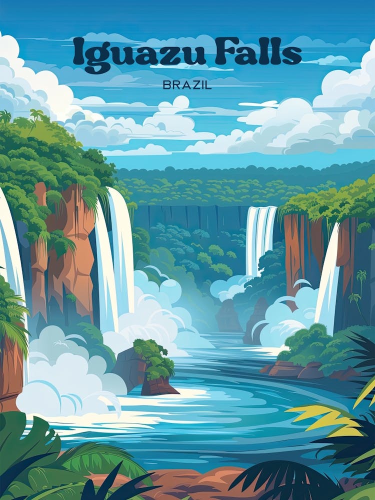 Iguazu Falls Brazil Colorful Digital Travel Illustration