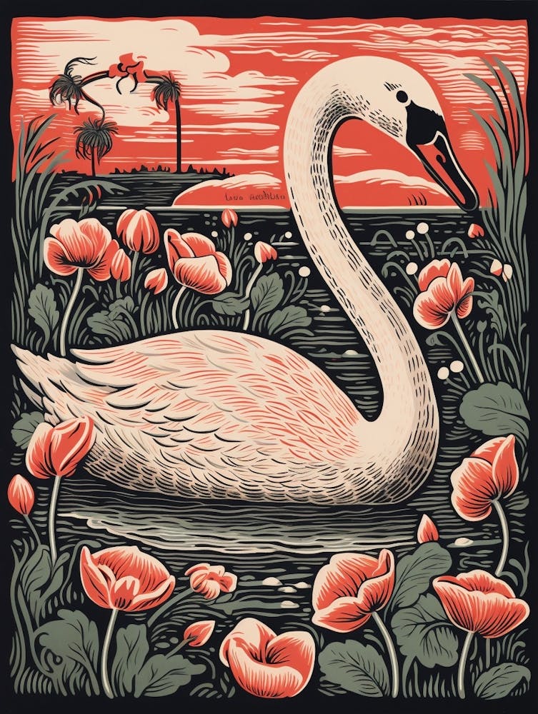 Oiseau Vintage Linogravure Cygne 2