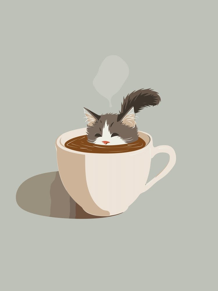 Cat In Coffee Cup Quirky Illustration Kitchen