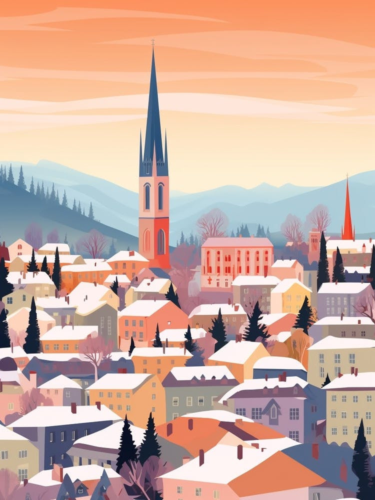 Vintage Winter Travel Illustration Zurich Switzerland 1