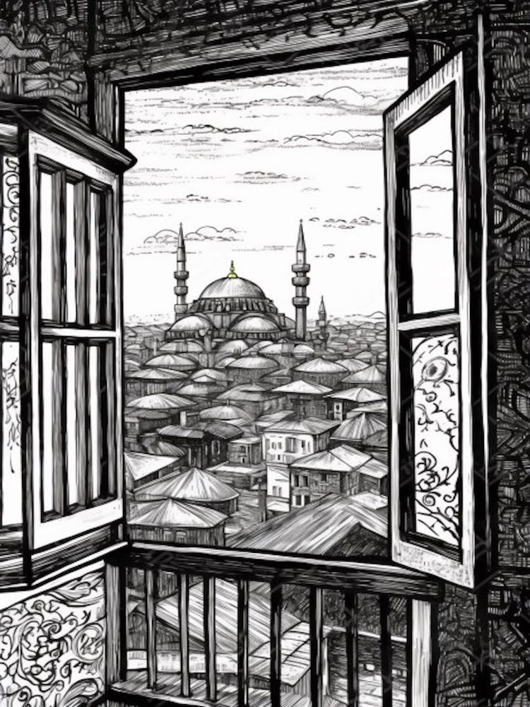 A Window View Of Istanbul In The Style Of Black And White  Line Art 1