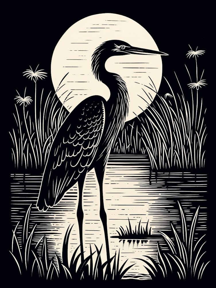 B&W Bird Linocut Great Blue Heron 6