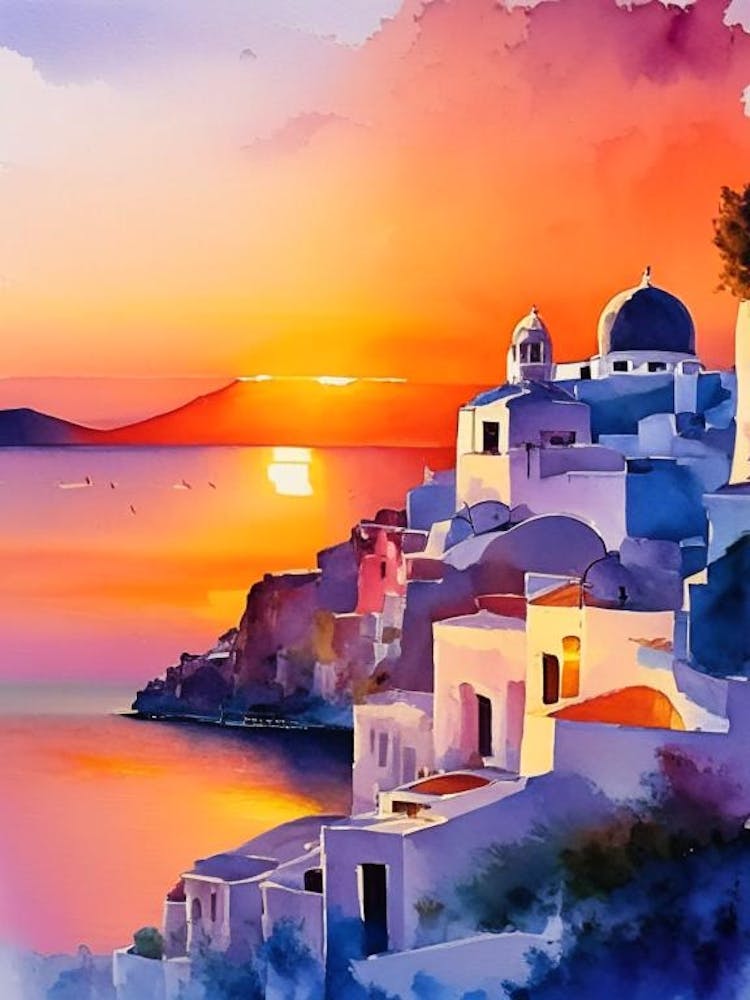 Santorini Greece Water Colour Sunset 3