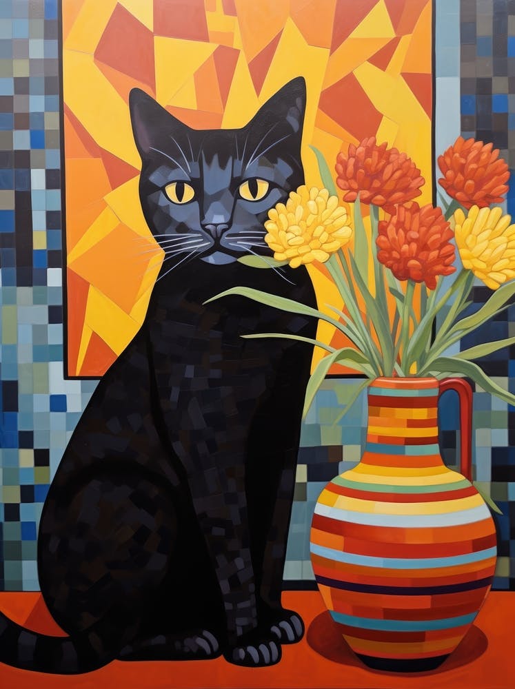 Black Cat With Flowers 1