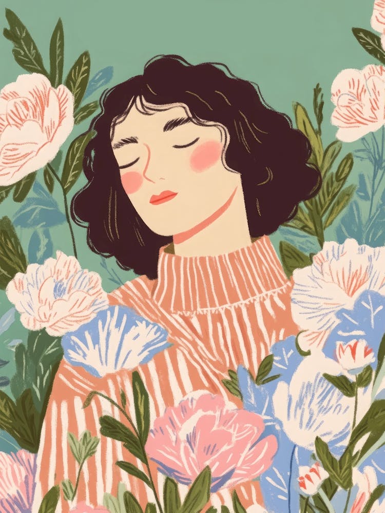 Woman in a flower garden art Nature-inspired Minimalist feminine illustration, Whimsical floral Artwork in soft pastels boho decor, Cottagecore aesthetic folk art style Flower print in muted colors