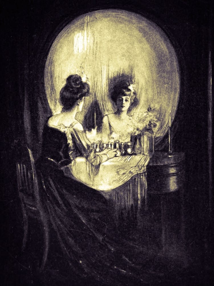 All is Vanity - 1892 A Momento Mori Illusion by Charles Allen Gilbert, Visual Pun Satire Gothic Witchy Vintage Victorian Wall Decor Drawing of Skull and Lady at Dressing Table