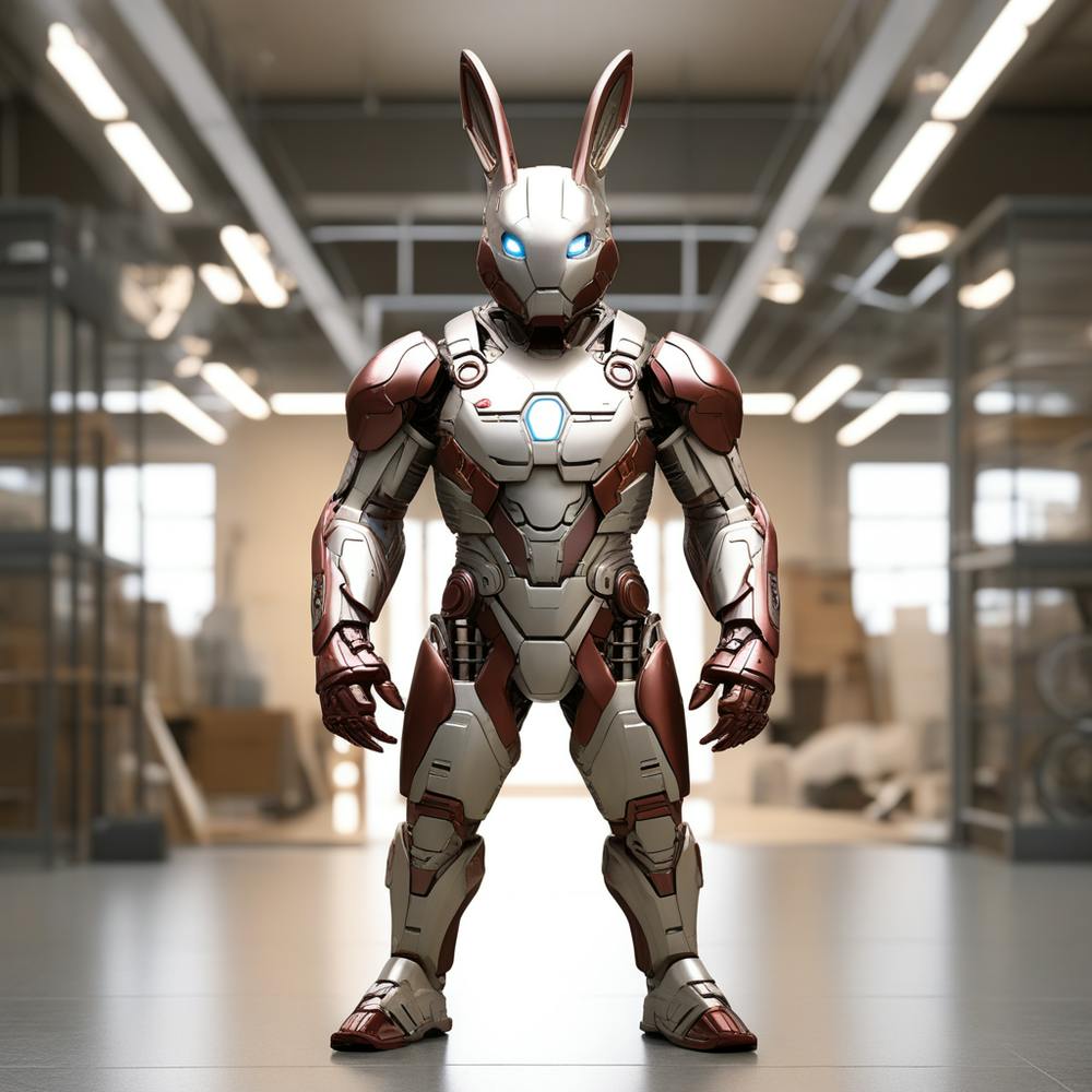 Humanoid Rabbit, Iron Man Suit, Standing, Full Body, Front View 1