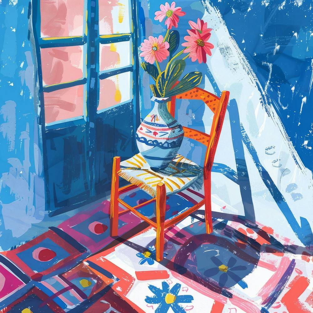 Colorful Room Painting With Flowers And Chair A Cheerful Artwork