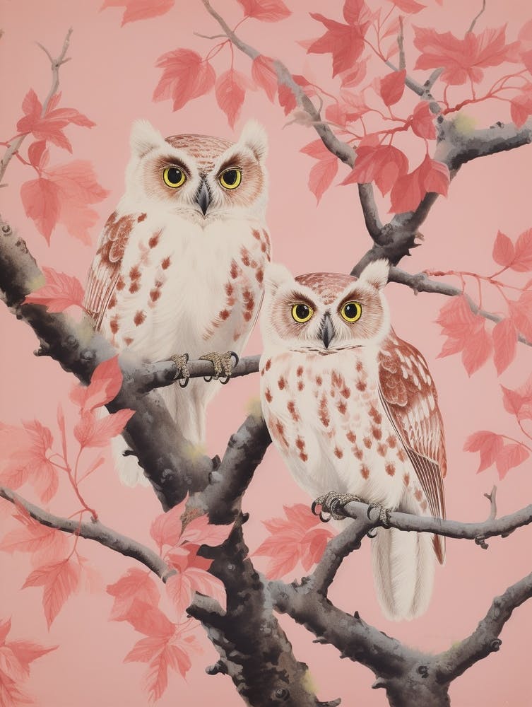 Vintage Japanese Inspired Bird Print Eastern Screech Owl 3