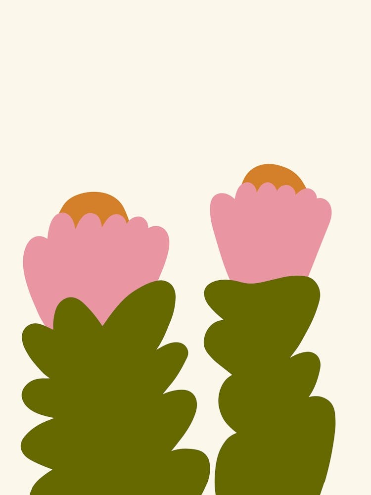 Two Big Flowers Pink Green Naïf