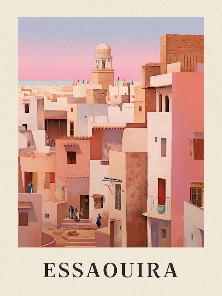 Essaouira Morocco 2 Vintage Pink Travel Illustration Poster
