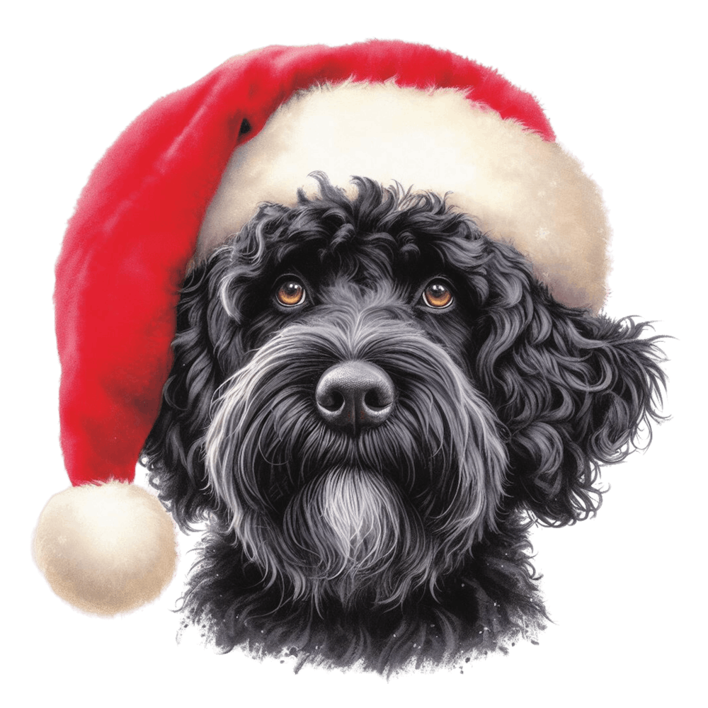 Schwarzer Pudel mit Weihnachtsmütze