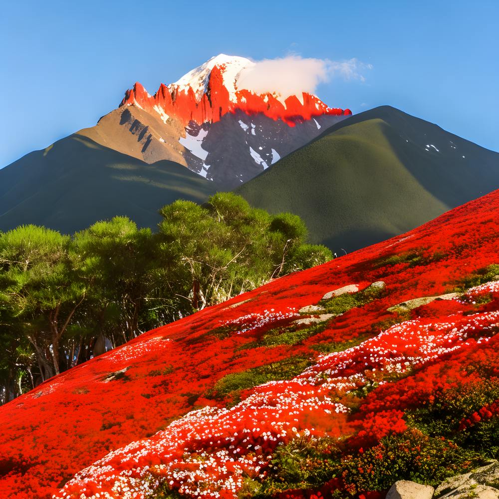 Ein großer Berg mit roten Blumen darunter und einem weiten blauen Himmel dahinter (1)