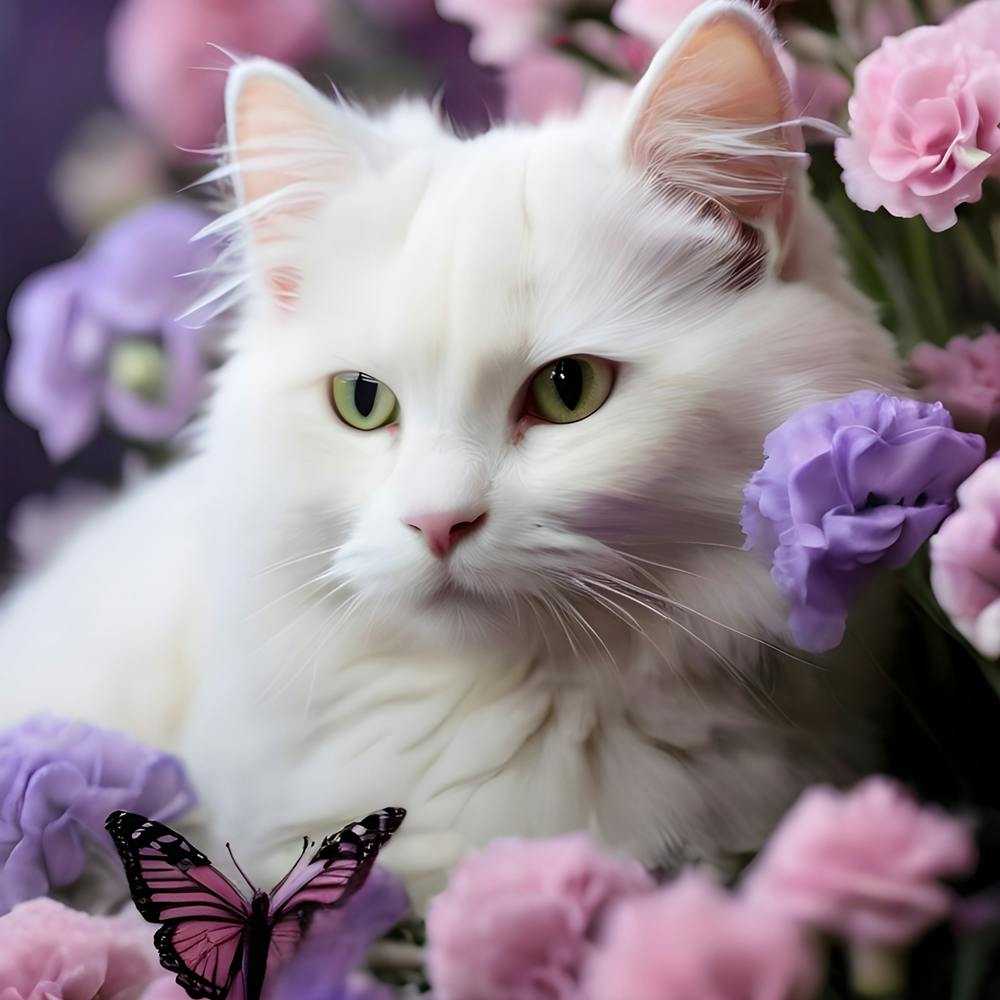 White Cat In Flowers