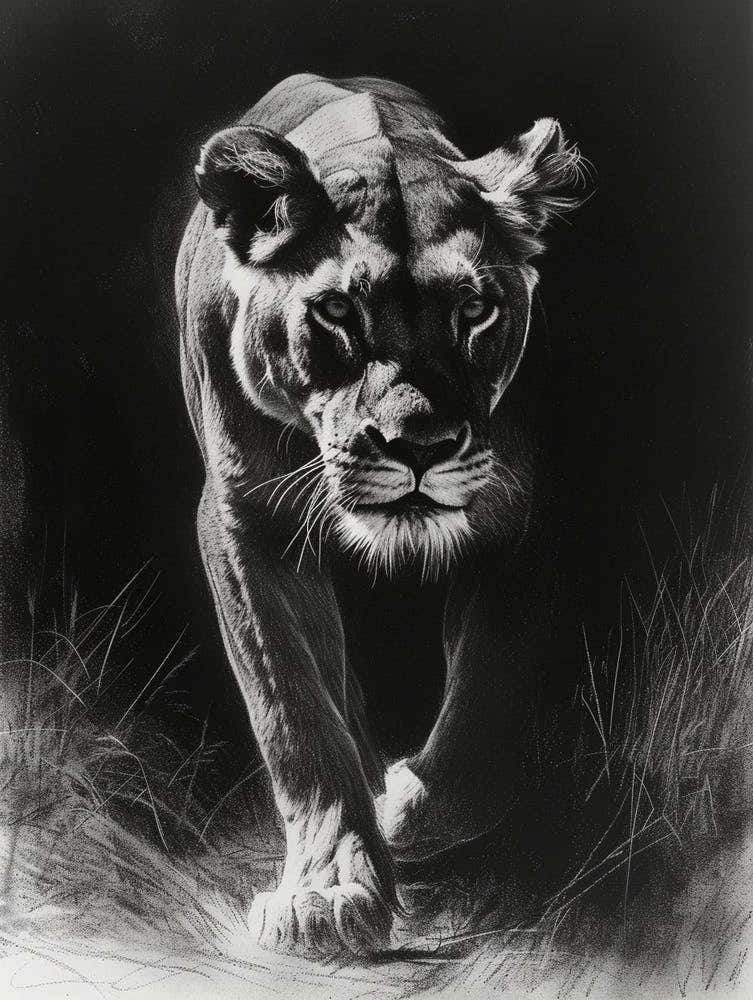African Lion Charcoal Drawing Lioness On The Prowl 4