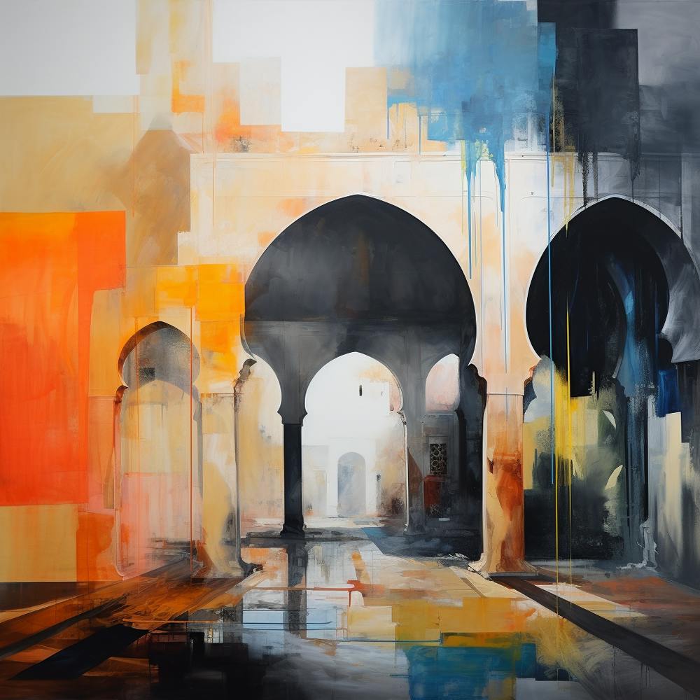 Abstract Contemporary - Orange & Blue Archways With Reflection In Water
