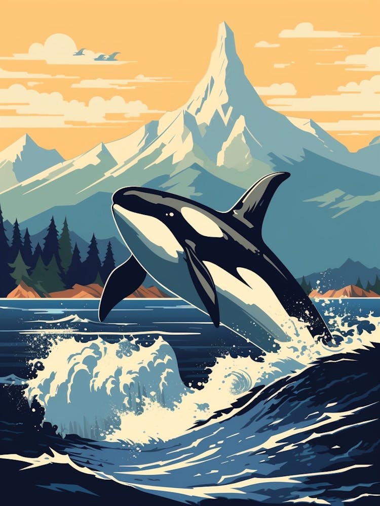 Retro Style Block Colour Orca With Waves