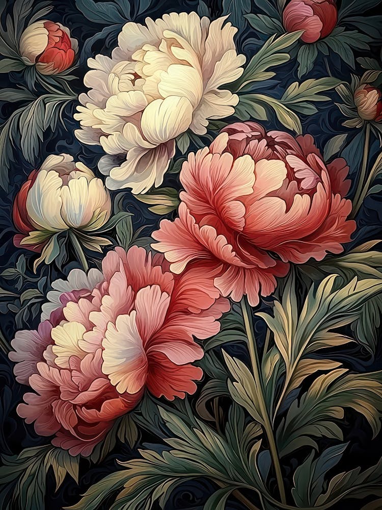 William Morris Peonies Pink And Red Vintage 
