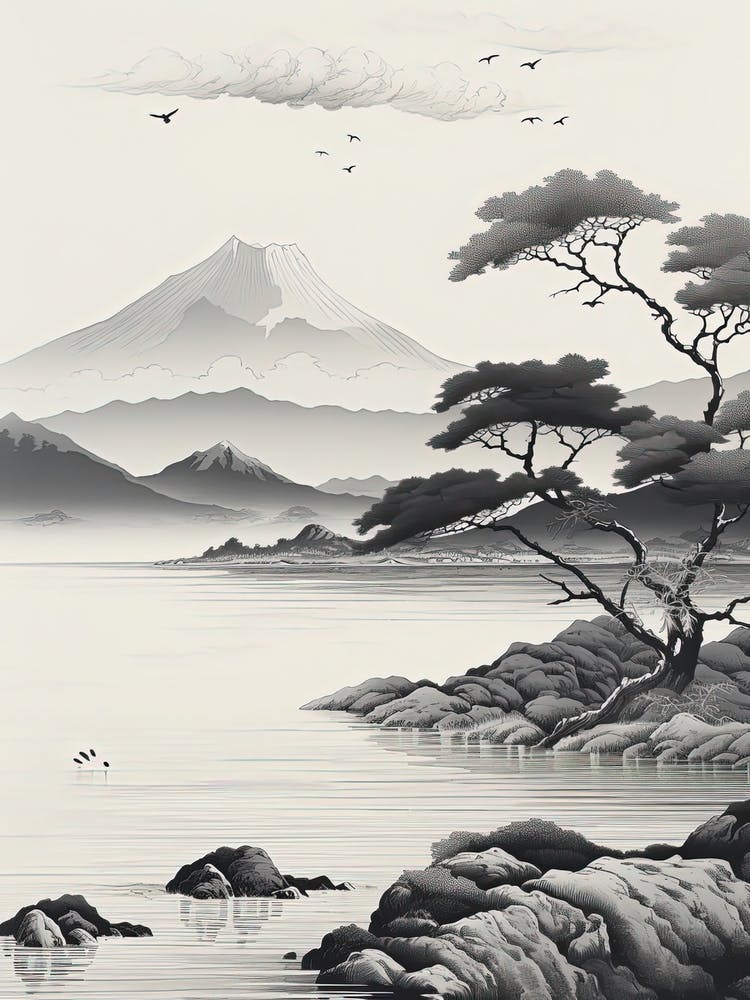The Ogasawara Islands In Tokyo, Ukiyo E Black And White Line Art Drawing 3