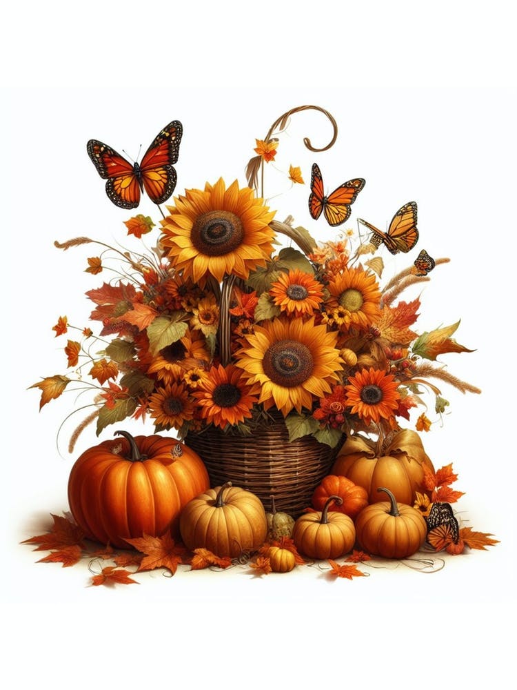 Butterflies Pumpkins Sunflowers Fall Flowers Basket