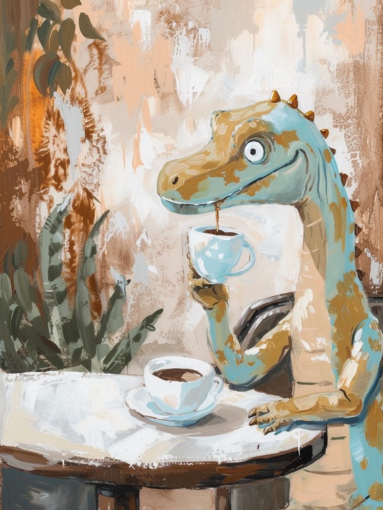Dinosaur Drinking Coffee Muted Pastels 4