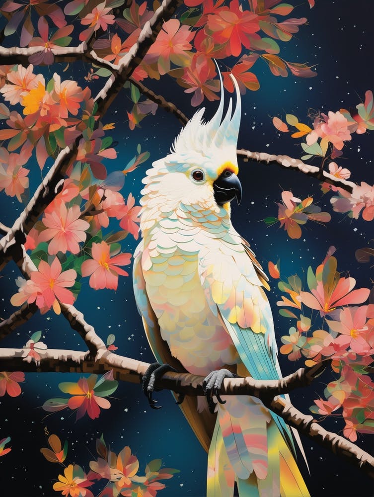 cosmic geometric cockatoo in a tree surrounded by flowers