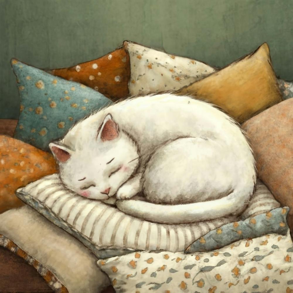 White Cat Sleeping On Pillows