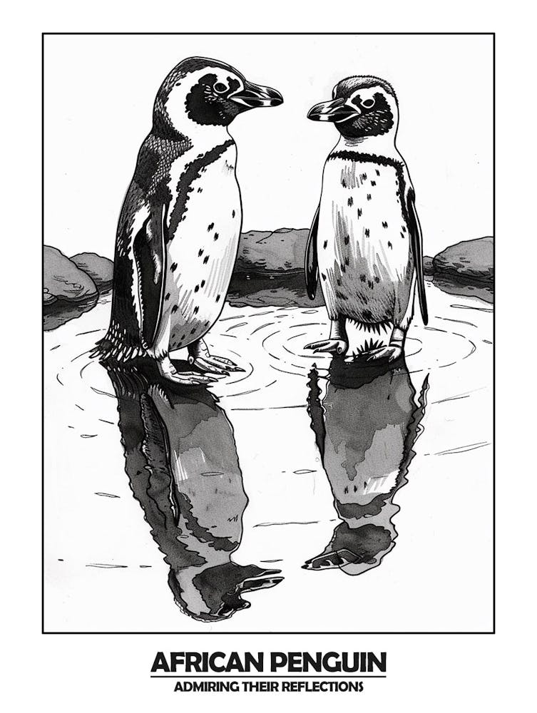 Penguin Admiring Their Reflections Poster