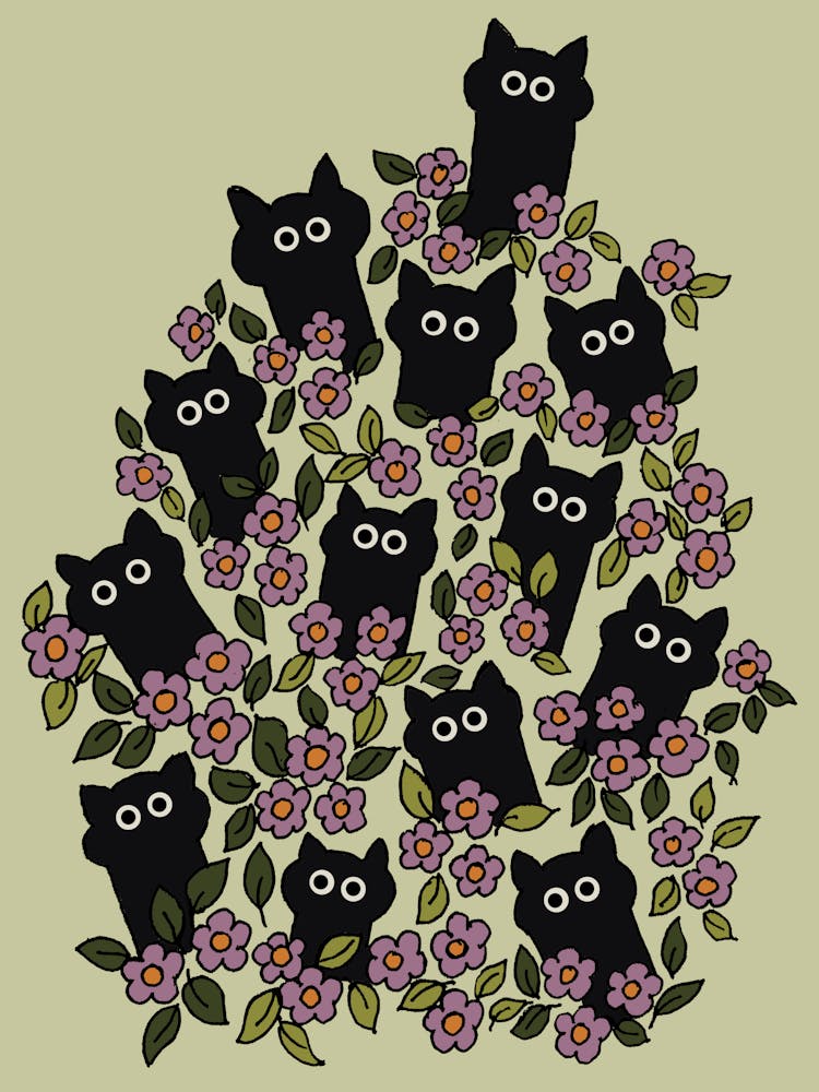 Cute Black Cats Popping Out In Purple Wild Flowers Garden Beautiful Art