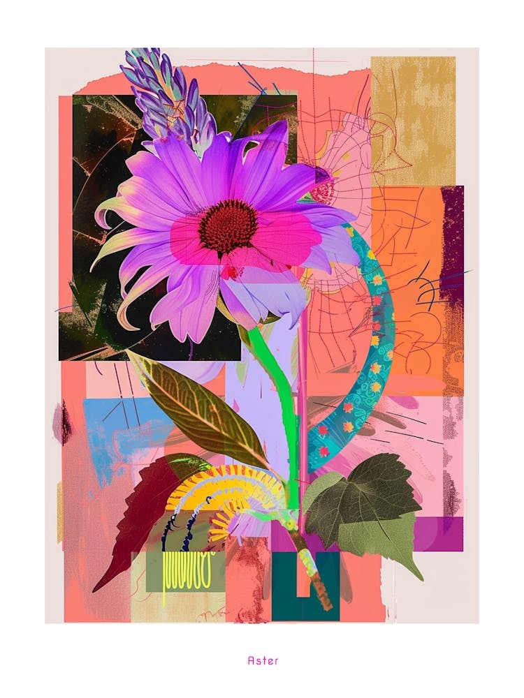 Aster 5 Neon Blumen Collage Poster