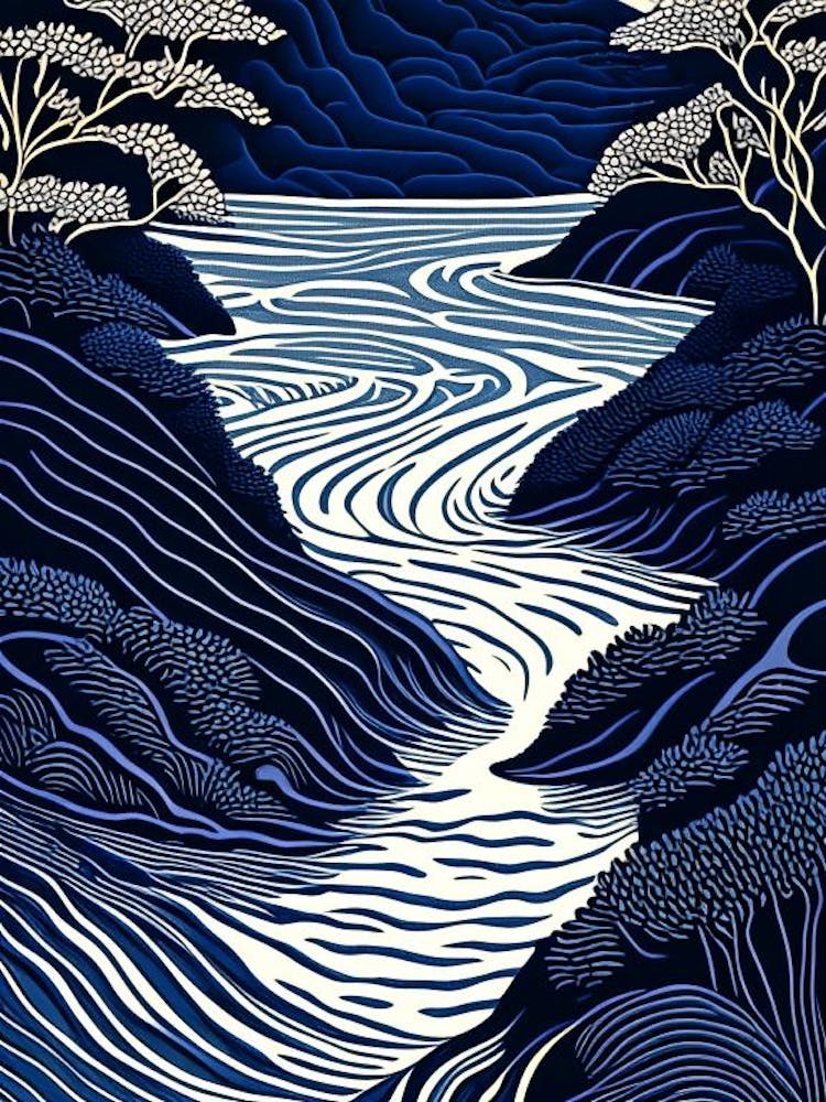 Flowing Water Waterscape Linocut 1