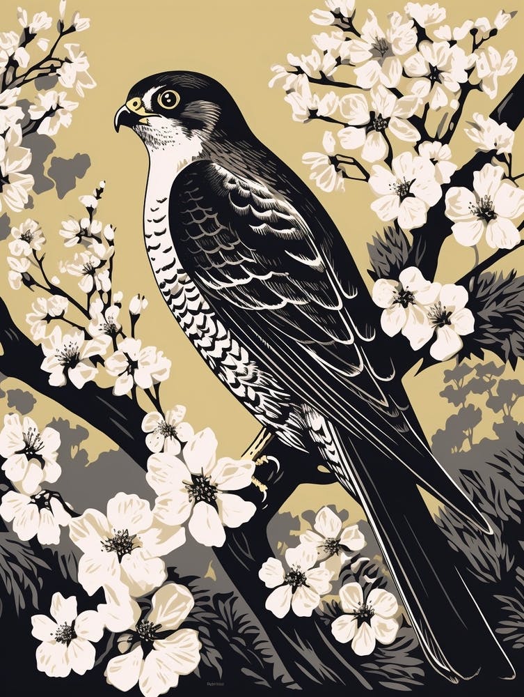 B&W Bird Linocut Eurasian Sparrowhawk 2