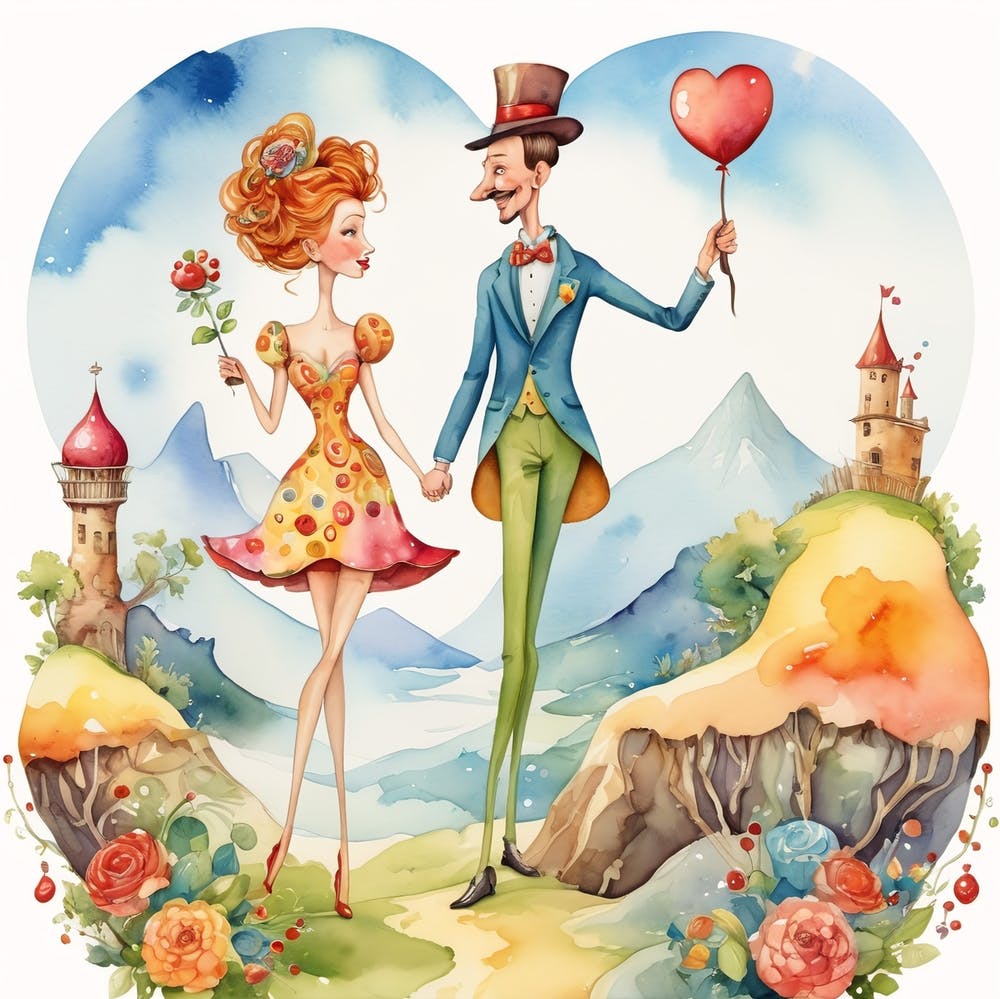 Watercolor Illustration Of A Couple Cartoon Love Funny