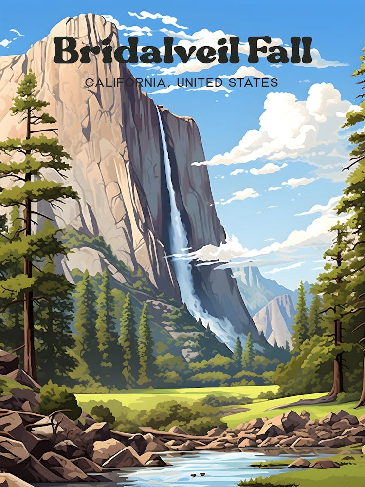 Bridalveil Fall California Yosemite Valley Travel Art Illustration