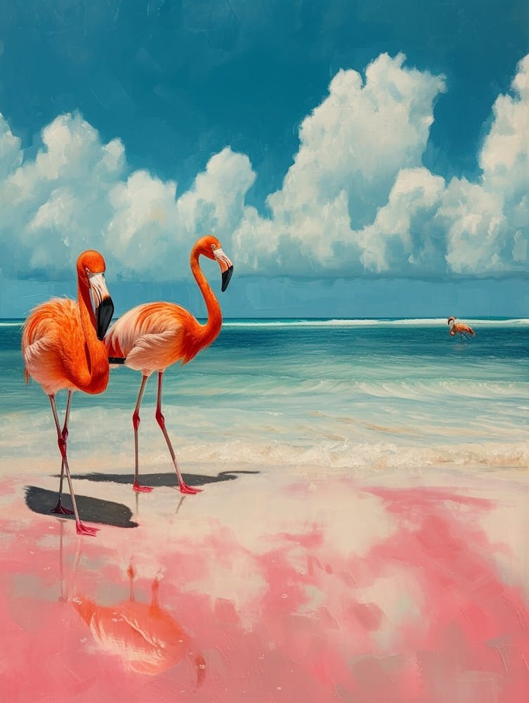 Greater Flamingo Pink Sand Beach Bahamas Tropical Illustration 1