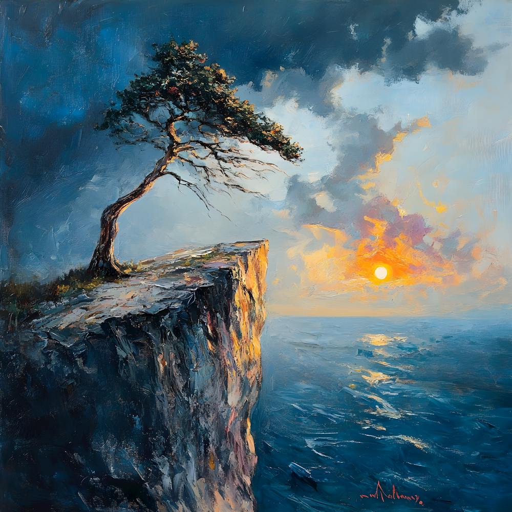 Tree on Cliff at Sunset: Nature-Inspired Textured Art for Coastal Decor