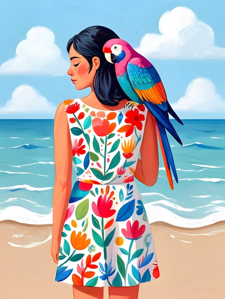 Woman on the Beach with a Parrot: Colorful Illustration of Tropical Serenity