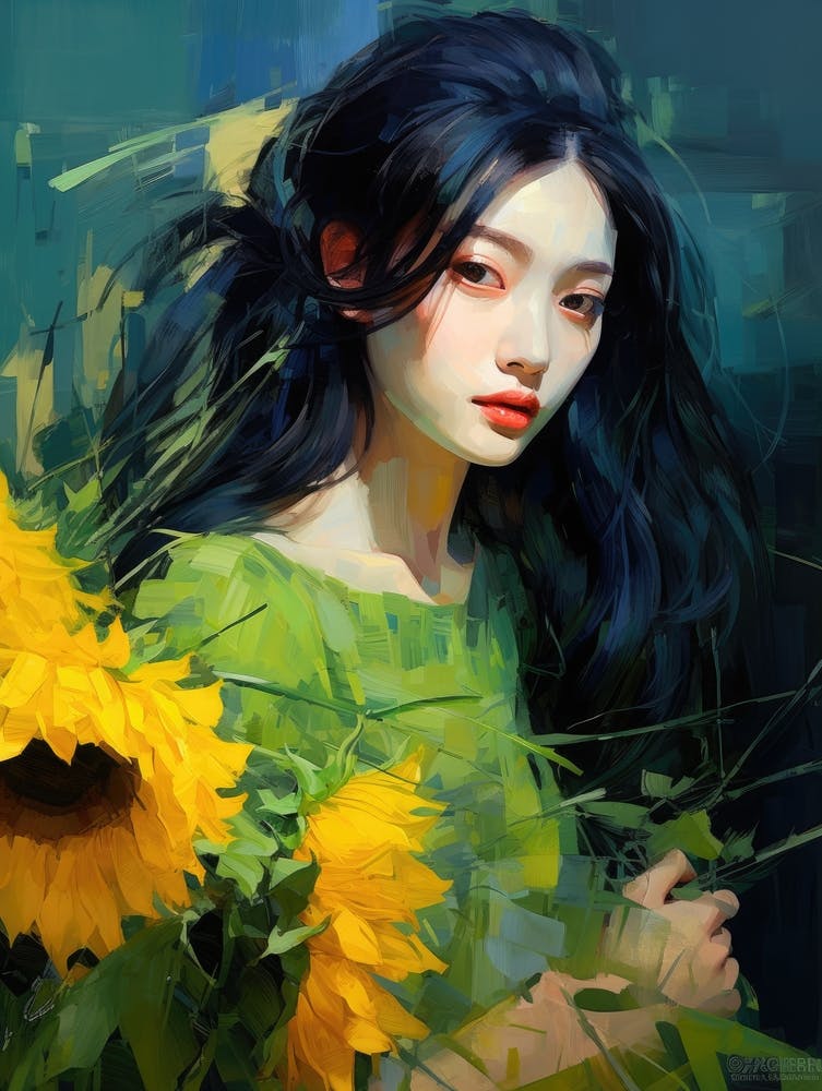 Asiatisches Mädchen mit Sonnenblumen