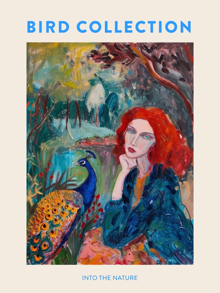 Peacock & Red Haired Woman Brushstroke Poster