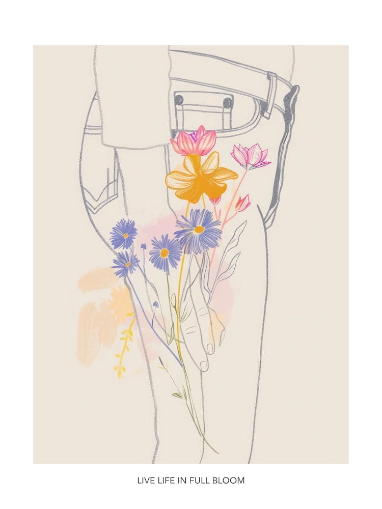 Live Life In Full Bloom Poster Blue Jeans Line Art Flowers 9