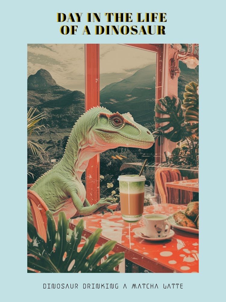 Dinosaur Drinking A Matcha Latte Retro Abstract Collage 1 Poster