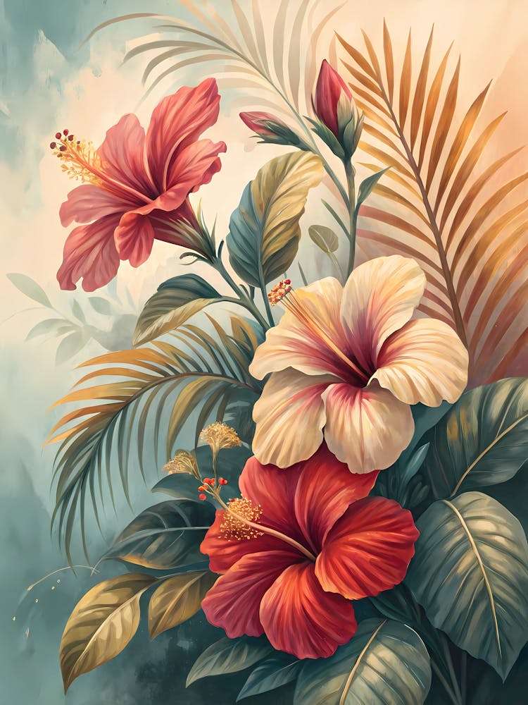 Oil Painting Style Modern Hibiscus And Palm Leaf Floral