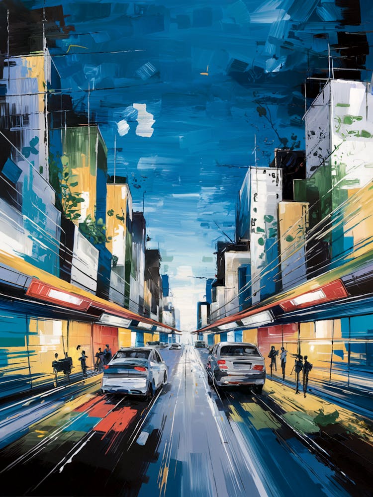 An Abstract Acrylic Painting Of A Bustling City