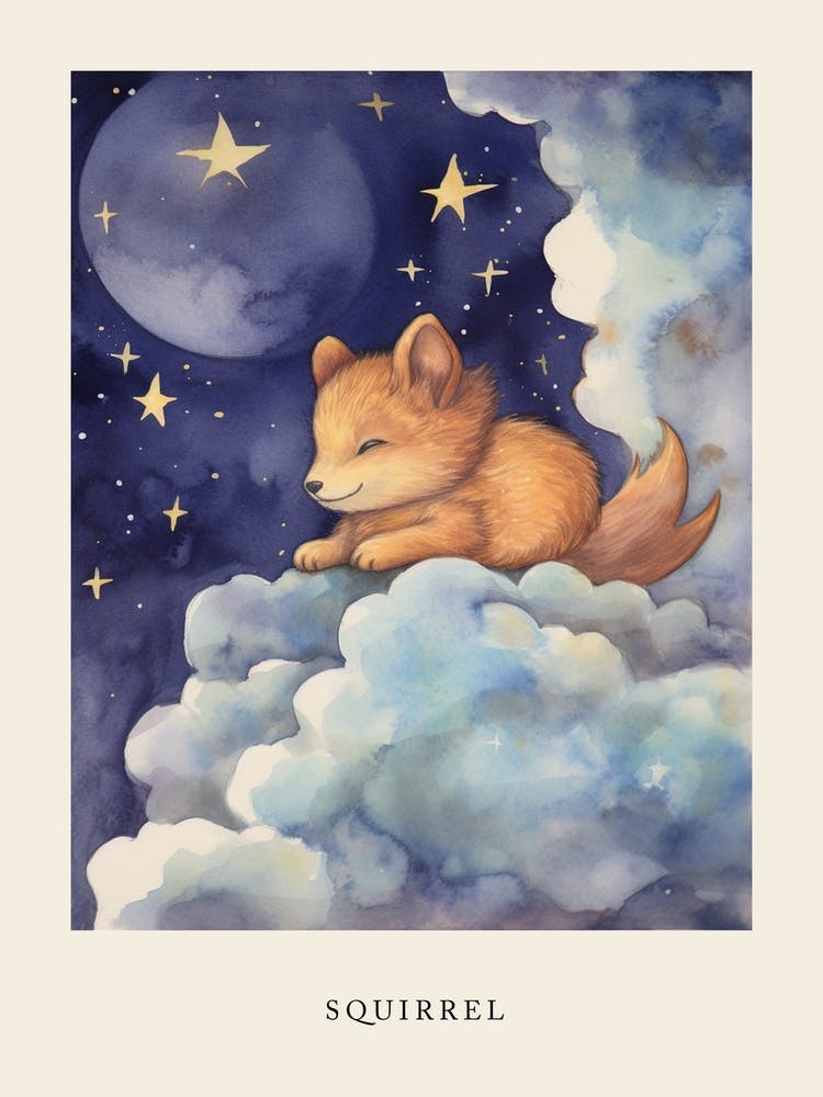 Baby Squirrel 3 Sleeping In The Clouds Nursery Poster