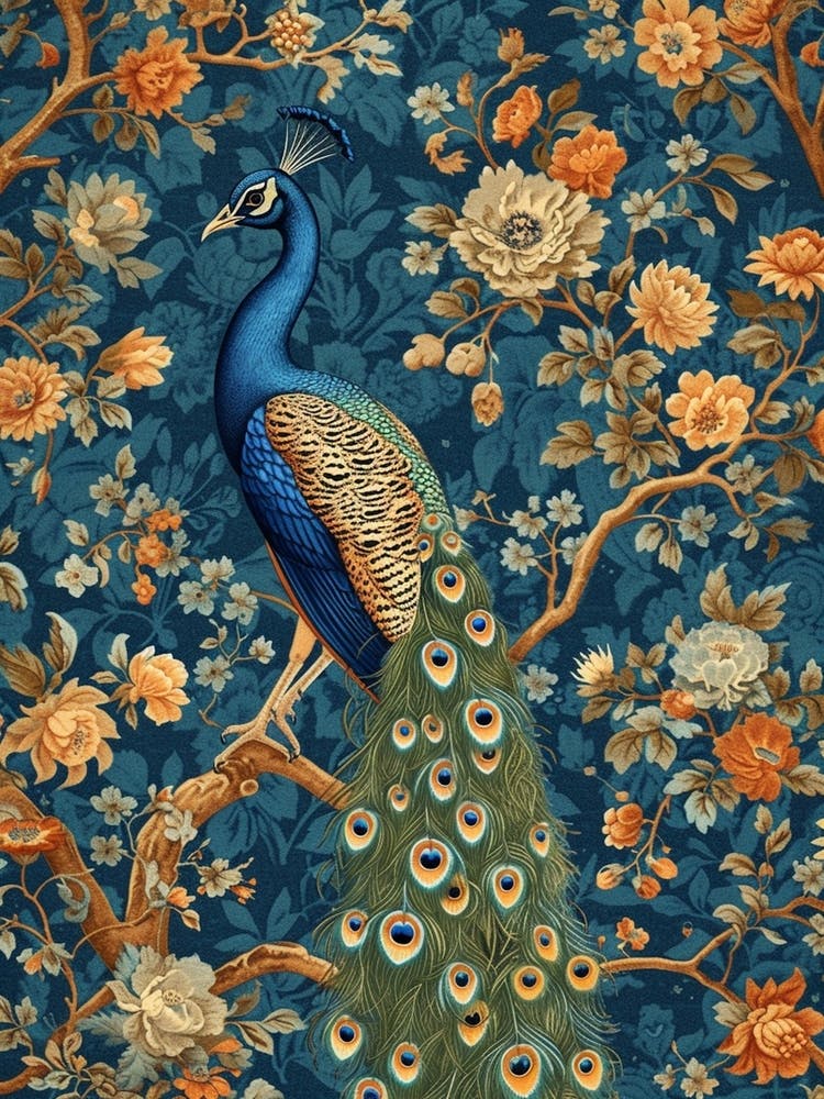 Blue Floral Peacock Wallpaper