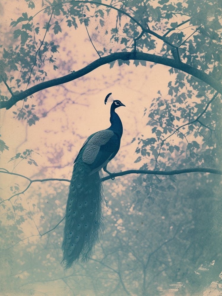 Peacock In A Tree Turquoise Cyanotype Inspired  4