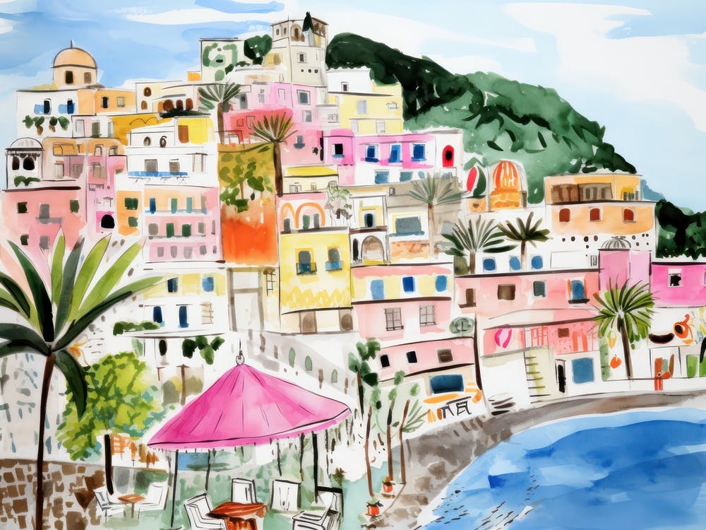 Positano Italy Cute Watercolour Illustration 2