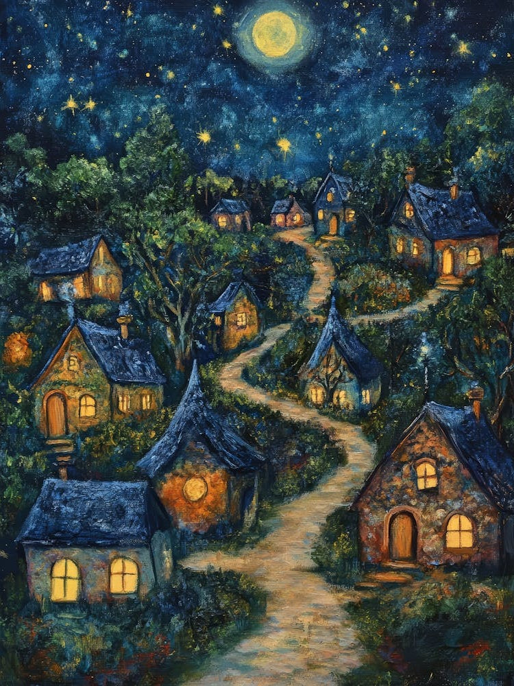 Village At Night With Stars and Moon In The Sky 7