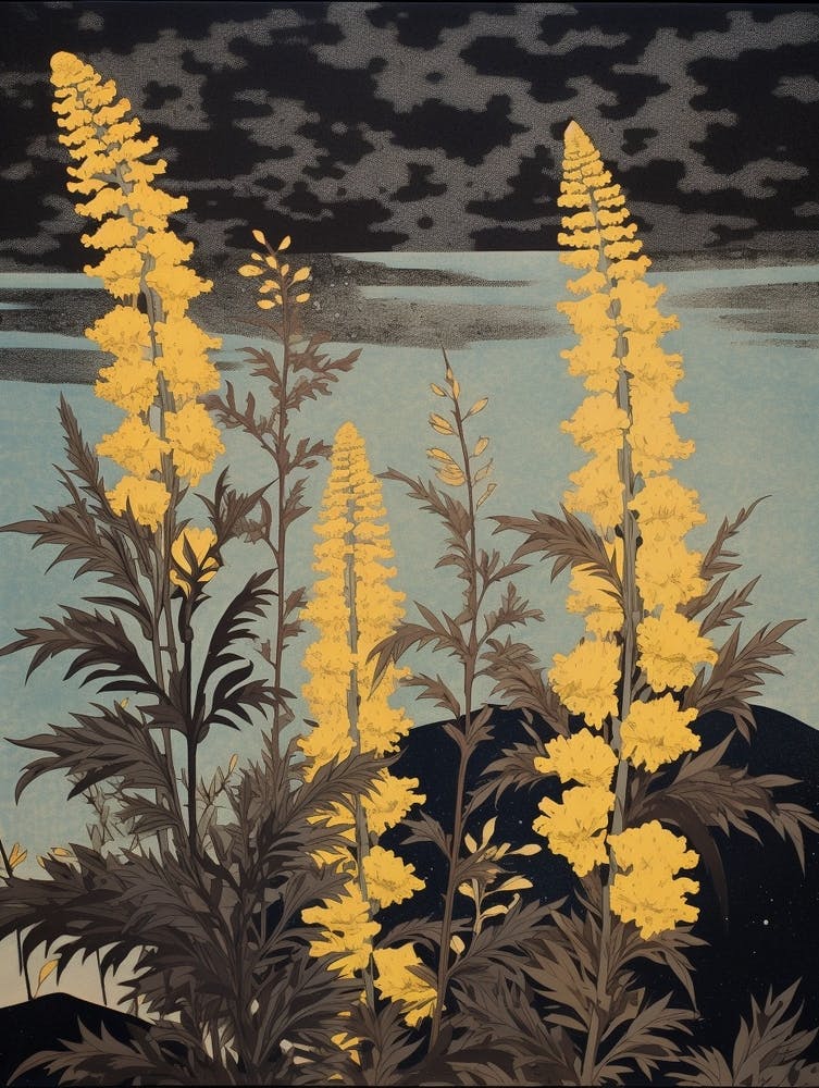 Nokanzou Goldenrod 3 Vintage Botanical Woodblock
